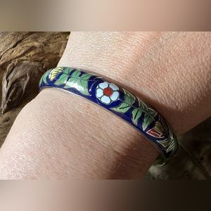 Authentic Vintage Floral Cloisonné Hinged Bangle in White Bronze 2.75” blues Red